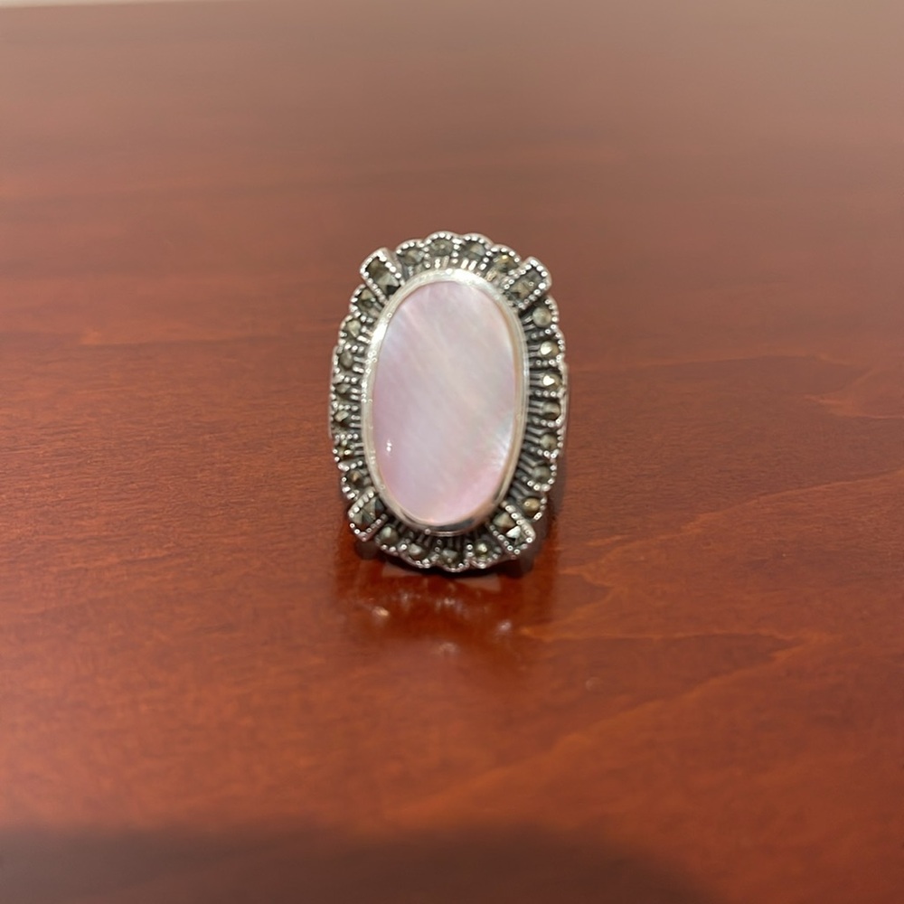Vintage Sterling Silver, Pink Shell and Marcasite Ring   size 6 3/4